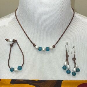 Freshwater Pearls, Blue Sea Glass, & Leather Necklace, Bracelet  & Earring